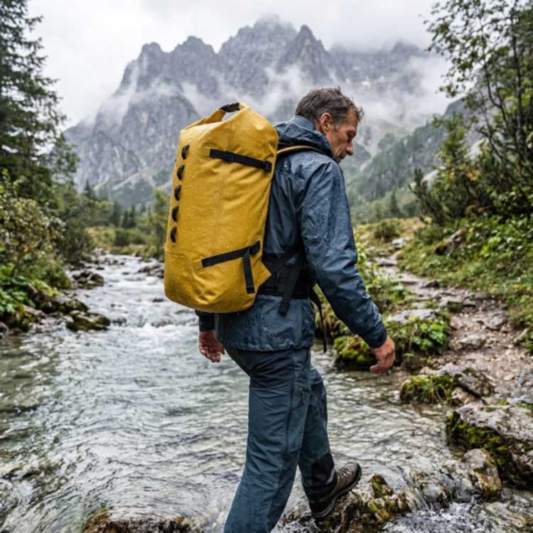 Hiker wearing a Sealock waterproof backpack for hiking crossing a stream