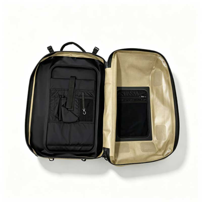  SL-E724 backpack opened flat showing organiser panel and main compartment